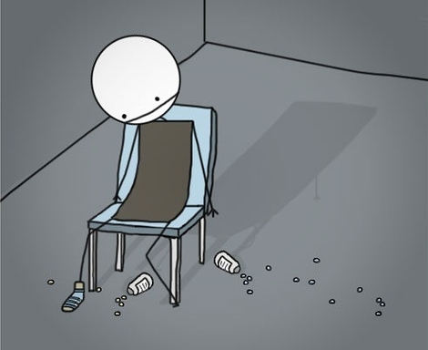 Tegneseriefigur der sidder med piller spredt omkring sig